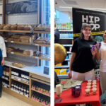 Split image of our new bakery wall and the Hip Pop team doing a tasting at our Scotforth store relaunch event