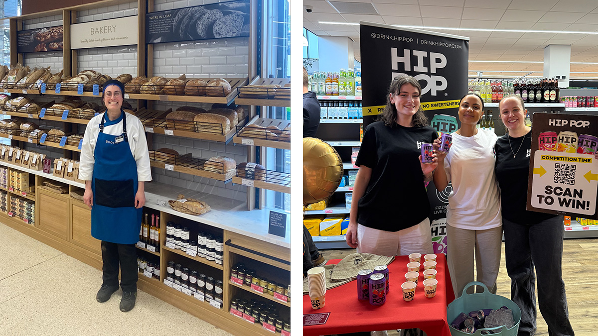 Split image of our new bakery wall and the Hip Pop team doing a tasting at our Scotforth store relaunch event