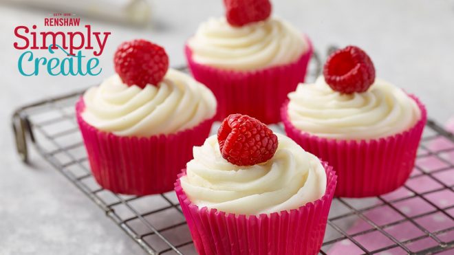 Renshaw's Raspberry and White Chocolate Cupcakes served on a cooling rack