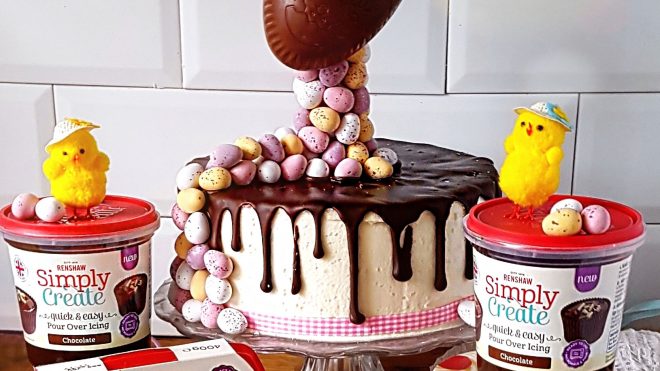 Floating Easter Egg Cake with decorative chicks and chocolate icing