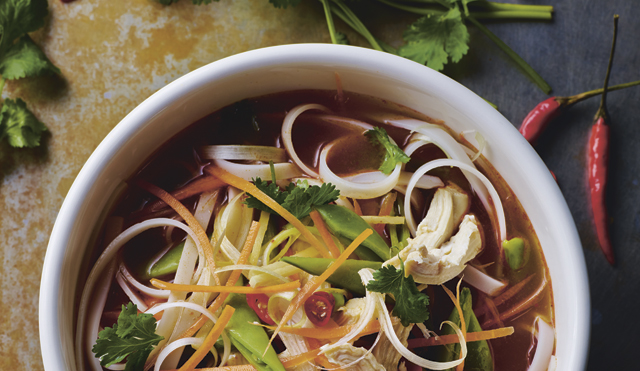 Hot and Sour Turkey Noodle Broth served in a white bowl