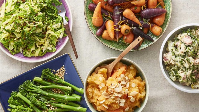 Veggies Enough for 4 served in various shaped bowls including sweet potato, cabbage and chantenay carrots