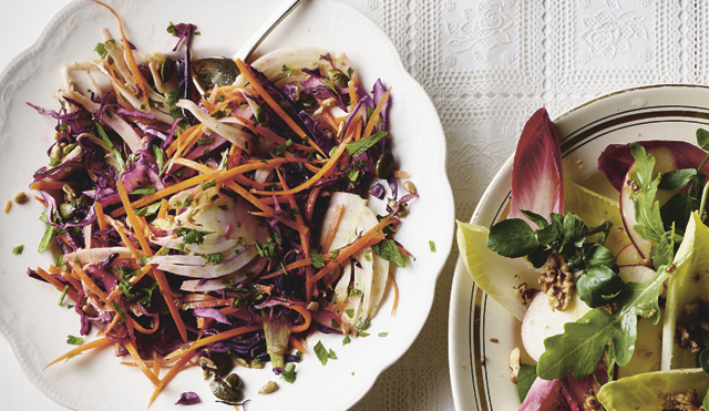 Winter Slaw served in a white dish with a spoon